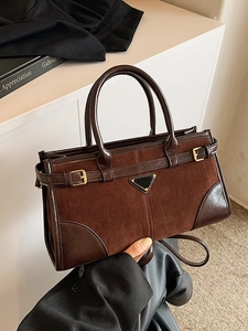 Vintage brown leather and suede contrast tote bag with golden hardware and top handles