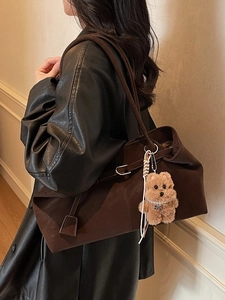 Minimalist large tote bag in dark brown suede leather with cute plush bear charm