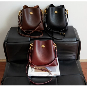Lychee texture bucket bags in coffee, black and burgundy with gold turn-lock closure