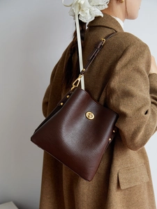 Women PU Leather Bucket Bag Litchi Pattern Metal Twist Lock Large Capacity Shoulder Crossbody Handbag Casual Street Style