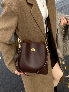 Minimalist dark brown litchi pattern leather bucket bag with golden twist lock detail