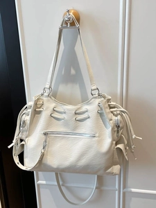 White large capacity faux leather tote bag with multi-zipper pockets and adjustable strap