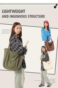 Three colors of oversized washed canvas tote bags shown on model for size and style comparison
