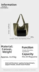 Detailed size specifications and structure of the green canvas tote bag showing dimensions
