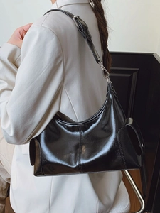 Sac Hobo en Cuir PU Grande Capacité pour Femme Sac Bandoulière Rétro Brillant Avec Poches Latérales pour Navettage Quotidien