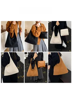 Collage of large minimalist tote bags in black, white, and brown shown with matching pouches