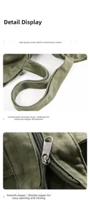 Detail of wide shoulder strap and dual metal zippers on vintage canvas tote bag