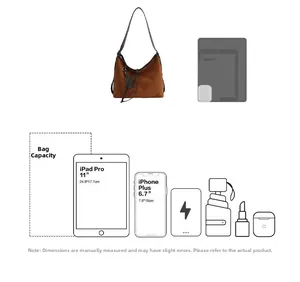 Sac fourre-tout en daim marron avec guide de taille pour iPad Pro et iPhone
