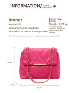 Pink quilted chain crossbody bag showing precise dimensions of 27cm x 9cm x 20cm