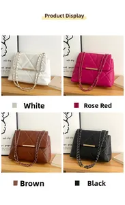 Quilted leather chain bags in white, rose red, brown, and black with metal hardware