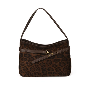 Retro leopard print tote bag with brown faux suede and elegant gold buckle accents