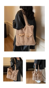 Detailed knit tote bag featuring plush beige fabric and decorative wooden buttons