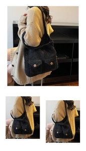 Detail of black plush tote bag with front pockets and wooden buttons on shoulder