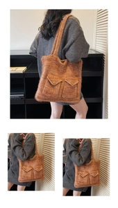 Detailed vertical view of a large crochet shoulder bag with double buttoned front pockets
