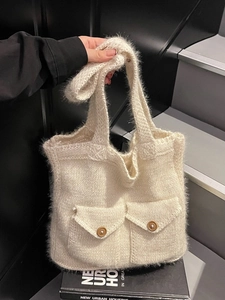 Women Large Capacity Knitted Tote Bag Soft Plush Woven Handbag With Double Pockets Wooden Buttons Casual Shoulder Bag