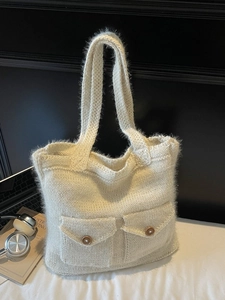 Large capacity cream crochet tote bag with wooden buttons and double shoulder straps