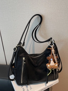 Versatile black large capacity tote bag in soft PU leather with bear charm on book