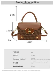 Detail view of woven houndstooth handbag with metal lock and dimensions 18x12x7cm