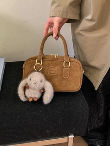 Vintage PU Leather Boston Bag With Rabbit Charm Retro Top Handle Crossbody Shoulder Bag Street Fashion Bowling Handbag