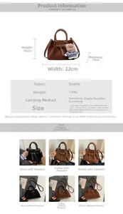 Size comparison of suede bucket bags showing large and small dimensions with shoulder straps