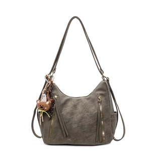 Sac bandoulière rétro demi-lune en similicuir olive avec pendentif ours et deux anses