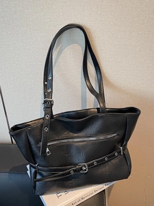 Large black PU leather tote bag with motorcycle-style buckle and silver zippers