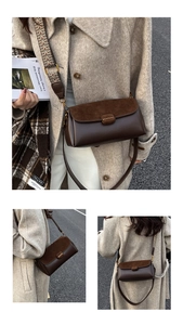 Detail of retro crossbody bag with textured paneling and geometric jacquard strap