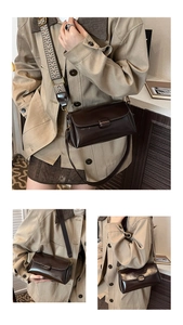 Detail of dark brown leather crossbody bag featuring bohemian geometric strap and flap closure