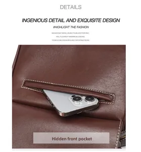 Detail of brown leather bag showing a hidden front pocket with a silver smartphone inside