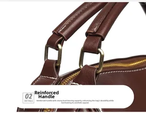Detailed view of reinforced brown leather bag handles with contrast stitching and bronze hardware