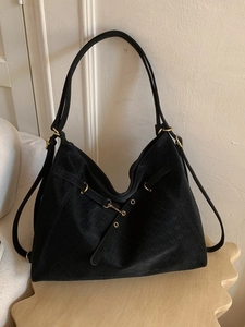 Retro black woven large hobo shoulder bag with matte leather and gold hardware