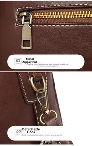 Detail of dark brown leather handbag with gold metal zipper and detachable shoulder strap hook