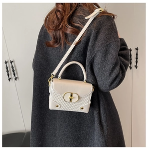 Detail of oatmeal woven crossbody bag featuring a gold twist lock and leather strap