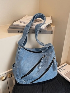 Washed Denim Tote Bag Multi Zipper Crossbody Shoulder Bag Large Capacity Retro Streetwear Handbag For Women Casual Daily