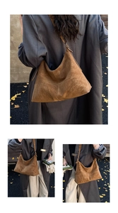 Detailed views of a brown suede oversized tote bag featuring a retro patchwork design