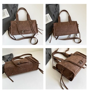 Vues détaillées sous plusieurs angles du sac à main vintage en similicuir marron à boucles