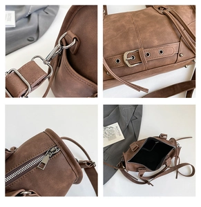 Détails du sac cabas marron vintage avec boucles argentées et grand compartiment