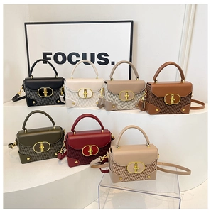 Collection of houndstooth plaid crossbody bags with gold locks in seven varied colors