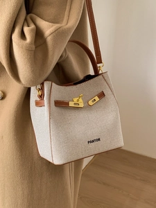 Women Retro PU Leather Bucket Bag Contrast Color Stitching Handbag Fashion Commuter Shoulder Bag Crossbody Bag With Metal Lock