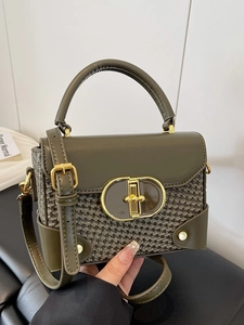Vintage Women Woven Shoulder Bag PU Leather Patchwork Handbag With Metal Lock Elegant Square Crossbody Bag Retro Satchel