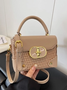 Vintage woven small square handbag for women with gold ring lock and shoulder strap