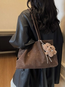 Retro deep brown suede tote bag for women with a cute plush dog pendant charm