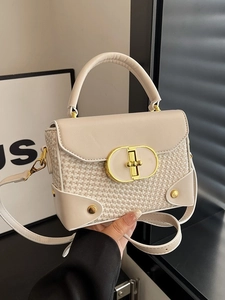 Beige textured woven handbag with gold metal lock and leather strap for women