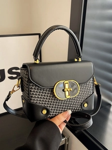 Retro woven houndstooth handbag with black leather trim and gold metal buckle lock
