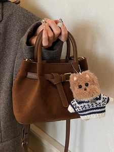 Vintage Suede PU Leather Bucket Bag For Women Retro Korean Style Crossbody Shoulder Bag With Plush Bear Pendant Casual Daily Bag
