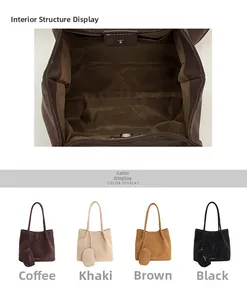 Detail view of large pleated tote bag interior structure and four color options set