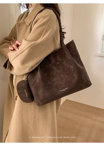 Detail of dark brown retro tote bag with mini pouch on a camel coat background