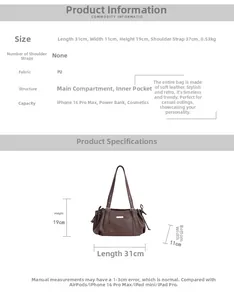 Detailed size chart for brown PU leather shoulder bag showing 31x19x11 cm dimensions