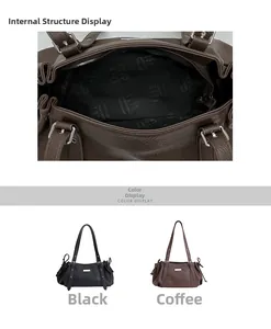 Detail view of internal lining and color options in black and brown shoulder bags