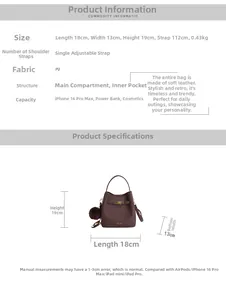 Guide des tailles détaillé pour sac à main en cuir PU avec dimensions 18x13x19cm et infos